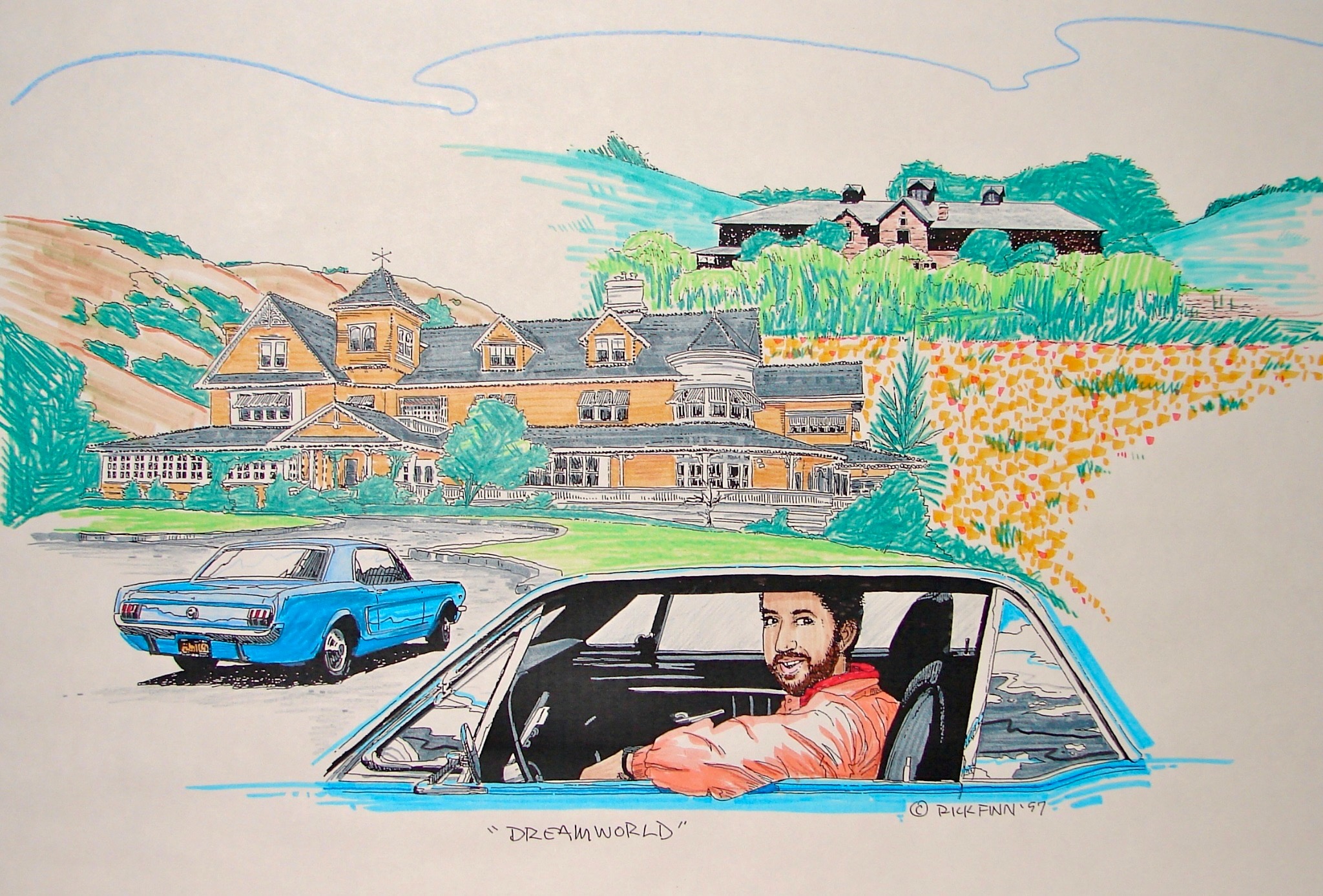 Illustration of Aric Wilmunder in his Mustang at Skywalker Ranch